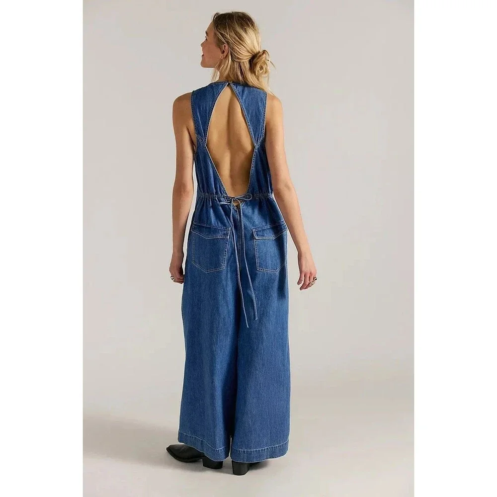 Free People We The Free Do No Wrong Jumpsuit Wide Leg Denim Cotton M 289099